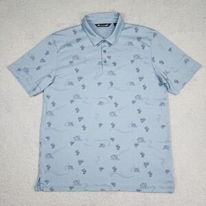 TravisMathew Polo Shirt Mens Large Light Blue Bar Cart Cactus Golf Performance